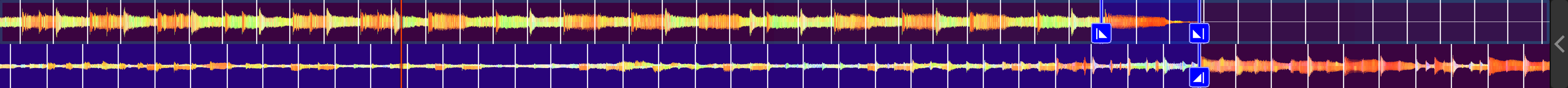 Two tracks' waveforms with the end of the intro and outro aligned