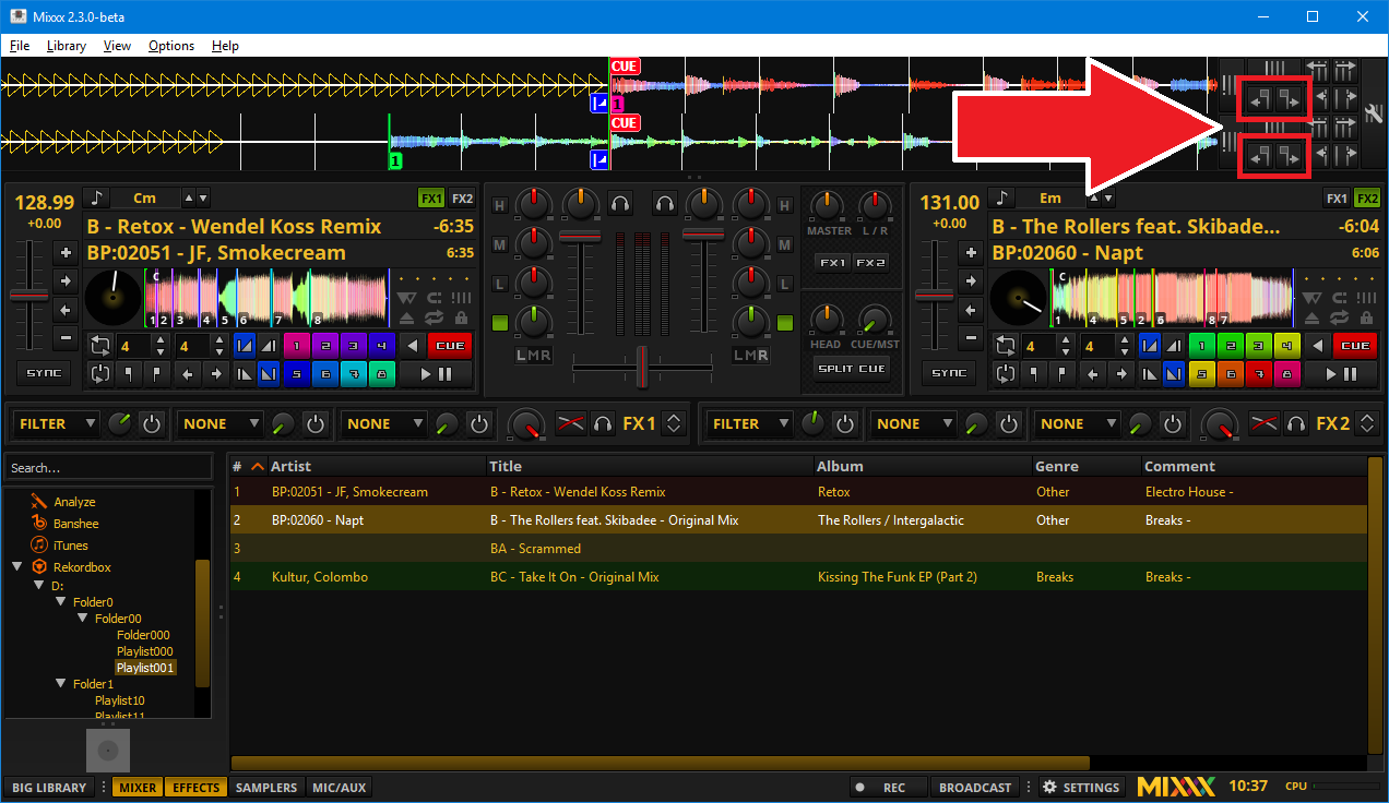 Mixxx showing a Rekordbox USB library and beatgrid adjustment buttons